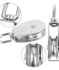 Heavy Duty 304 Stainless Steel M50 Snatch Block Pulleys Three Eighths Inch Lifting Pulley With Swivel Hook Four Pack For Industrial Outdoor Use And Home Projects Smooth Rotating Towing Wheel, stainless steel pulley close-up