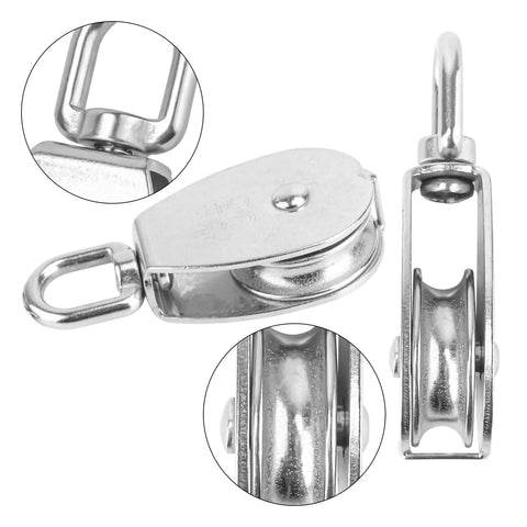 Heavy Duty 304 Stainless Steel M50 Snatch Block Pulleys Three Eighths Inch Lifting Pulley With Swivel Hook Four Pack For Industrial Outdoor Use And Home Projects Smooth Rotating Towing Wheel, stainless steel pulley close-up