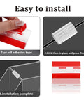4 Pack Self-Adhesive Clear Acrylic Hinges 65x40mm installation steps: peel adhesive, stick, and complete mount.