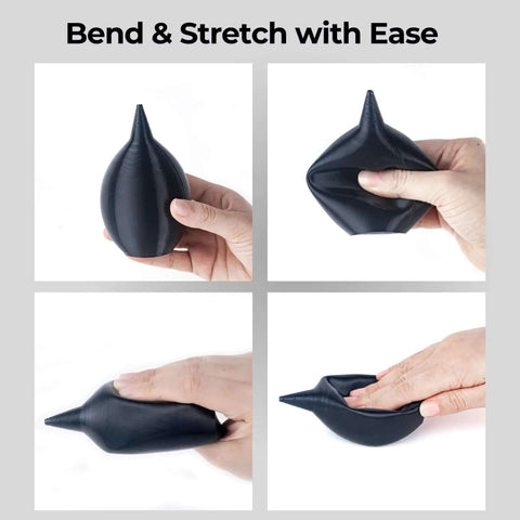Flex TPU Filament 85A Shore ISO 10993 Tested Ultra Flexible And Tough For Footwear And Protective Gear shown bending and stretching