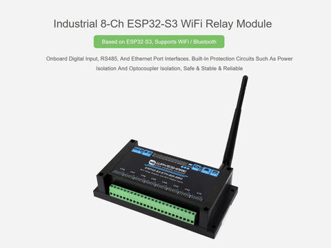 Rugged 8 Channel ESP32 S3 WiFi Relay Module with RS485, PoE, Ethernet Port, Digital Inputs, Bluetooth Control and Isolation Protection.
