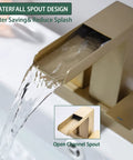 4 Inch Centerset Bathroom Waterfall Faucet With Two Handles For 3-Hole Lavatory Vanity, Brushed Gold Finish, Includes Metal Pop Up Drain With Overflow, Durable Basin Faucet For A Dope Modern Bathroom, waterfall spout design in action