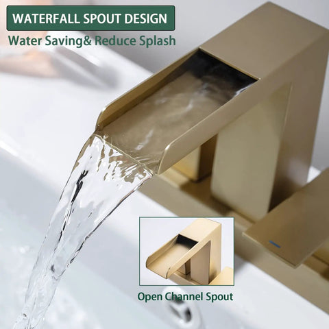 4 Inch Centerset Bathroom Waterfall Faucet With Two Handles For 3-Hole Lavatory Vanity, Brushed Gold Finish, Includes Metal Pop Up Drain With Overflow, Durable Basin Faucet For A Dope Modern Bathroom, waterfall spout design in action