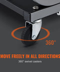 Close-up of easy glide caster on rolling creeper seat for garage and shop, black steel frame showing 360-degree rotation label.
