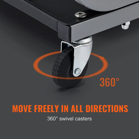 Close-up of easy glide caster on rolling creeper seat for garage and shop, black steel frame showing 360-degree rotation label.