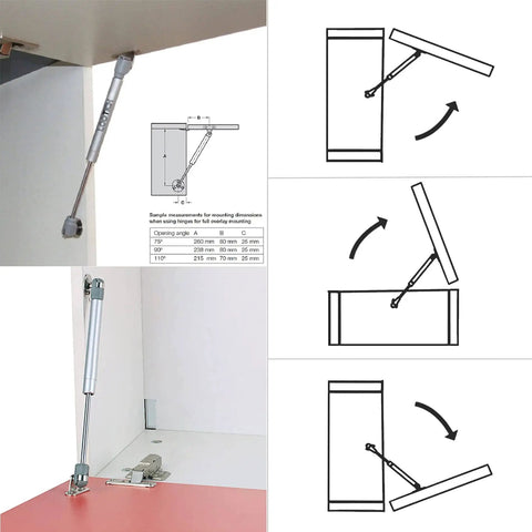 Beefed Up 250N Automatic Lid Stay Gas Strut for cabinets with silent soft opening, clip mount fittings in use, installed view.