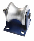 Heavy Duty Concave Track Groove Wheel With Mounting Base 1000Kg Load Rock Solid Steel Roller side view on blue base.