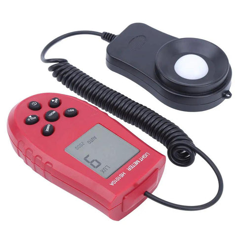 Handheld Digital Illuminance Meter Lux Meter With Auto-Ranging Photometer, Pro-Grade Portable Light Meter For Indoor And Outdoor Use, Smart Digital Display, Lux Range 2000 20000 200000 lx, HS1010A with probe and red ABS body