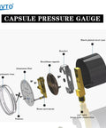 Exploded view of Low Pressure Capsule Gauge 0 to 10 PSI showing components including 2.5-inch dial and 1/4 inch NPT bottom mount.