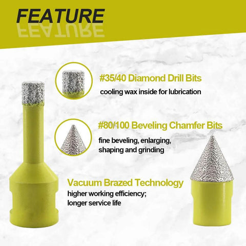Diamond drill bits set with yellow body; includes 6/8mm drill bits and 20mm beveling chamfer bit, SANLEETEK tile/stone