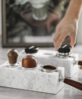 Top Shelf Marble Espresso Tamper Holder Stand Fits 51mm And 54mm Coffee Tools, sleek marble design with wooden tampers.