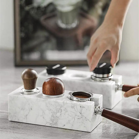Top Shelf Marble Espresso Tamper Holder Stand Fits 51mm And 54mm Coffee Tools, sleek marble design with wooden tampers.