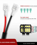 Led Light Bar Wiring Harness Kit 12V with four connectors and light output illustration for safe connection to 12V accessories.