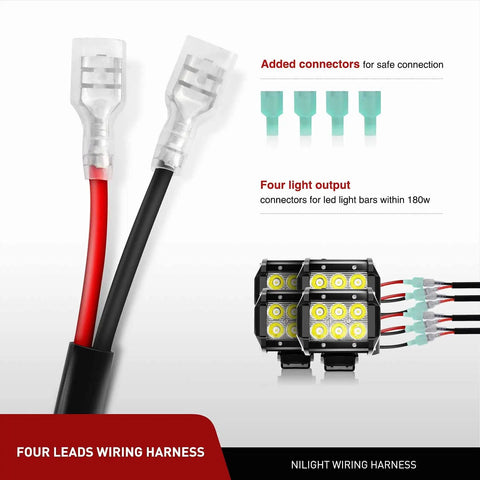Led Light Bar Wiring Harness Kit 12V with four connectors and light output illustration for safe connection to 12V accessories.