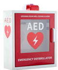 Front view of Blulu AED cabinet: red door with clear window, white surround, wall-mounted alarm.