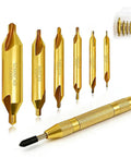 Built Tough Six Piece Center Drill Bit Set With Heavy Duty Auto Center Punch Boasting TiAln Coated Cobalt M2 Steel For Sharp Angle Punching And Gritty Metalshop Grind Work Any Day, showcasing 6 gold-coated bits and a punch.