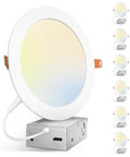 Six Pack Seven Inch 5CCT Ultra Thin Led Recessed Ceiling Downlights Offering Five Adjustable White Temperatures For No Sweat Installation And Long Lasting Brightness showing one downlight with white trim and copper clips.