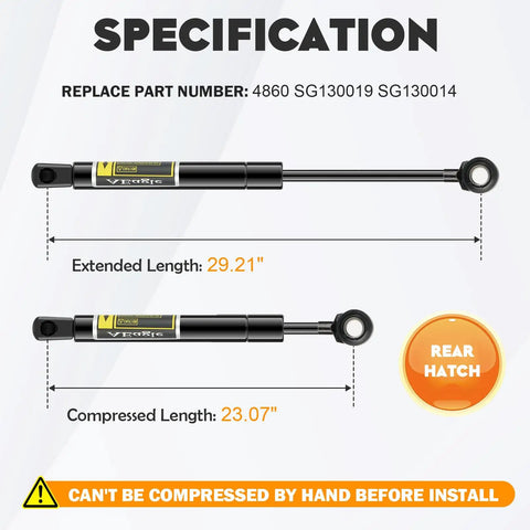 Specifications of rear hatch lift supports for 1993-2002 Firebird and Camaro, gas spring shocks, showing lengths and parts.