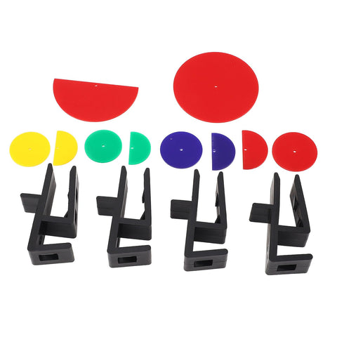 Pro Grade Abs Woodworking Jig Set With Ten Scribing Templates For Cabinet Installations featuring black jigs and colorful discs for alignment.
