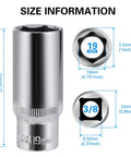 Size information of 2-Piece 19mm Deep Sockets Set For Three Eighths Inch Drive 6-Point Corrosion Resistant Compatible With Standard Ratchets