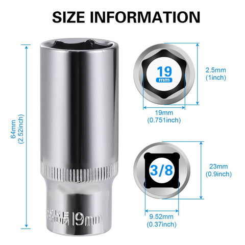 Size information of 2-Piece 19mm Deep Sockets Set For Three Eighths Inch Drive 6-Point Corrosion Resistant Compatible With Standard Ratchets