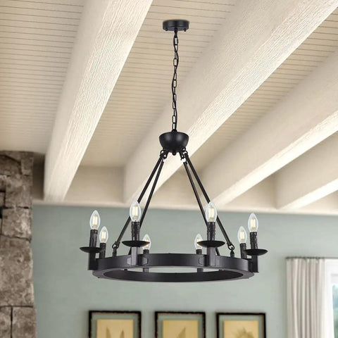Black Farmhouse Wagon Wheel Chandelier With Eight Exposed Lights Dope Industrial Iron Candle Style Rustic Hanging Light
