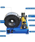 Badass Heavy Duty Hydraulic Hose Crimper With Seven Forged Steel Die Sets And Magnetic Quick Swap Molds For Lightning Fast One Thousand Kilonewton Tube Press Jobs showing control knobs and battery holder.