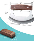 Front view: Amazon Coowolf Ulu mezzaluna 2-piece set with walnut handle and stand; stainless steel curved blade