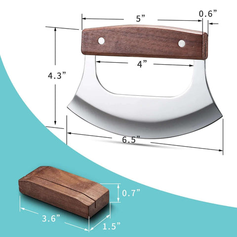 Front view: Amazon Coowolf Ulu mezzaluna 2-piece set with walnut handle and stand; stainless steel curved blade