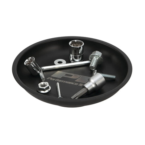 Black magnetic parts tray with nuts, bolts, and screws, part of Magnetic Parts Tray Tool Set for Garages and Workshops Black Two Tray Kit With 4 Inch And 5 And A Half Inch Trays Keeps Nuts Bolts And Small Parts Safe And Handy Sticks To Any Ferrous Metal Surface.