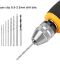 Mini Hand Drill With 10 Pc Twist Bit Set, Portable Precision Pin Vise For Jewelry And Woodcraft showing adjustable chuck holding 0.5-3.2mm drill bit.