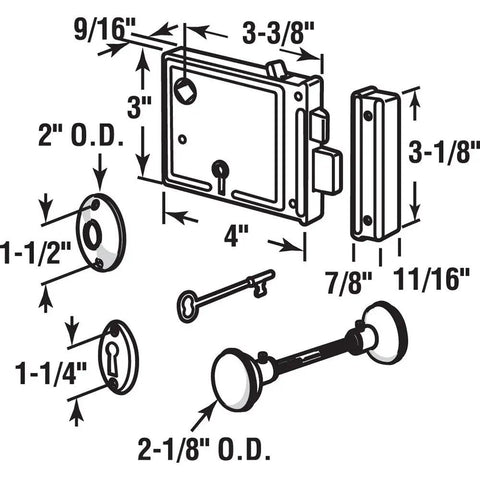 Diagram of horizontal trim lock set with brass plated knobs, black diecast housing, backset three and three eighths inch, mortise interior door hardware, old school style lock for bit key or skeleton key.