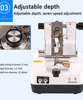 Heavy Duty Electric Lens Thinning Machine For Glasses Cutting And Grinding With Tungsten Steel Milling Cutter Fast Milling Speed For Resin And PC Lenses Zero Hassle Setup Workflow, showing adjustable depth control dial.