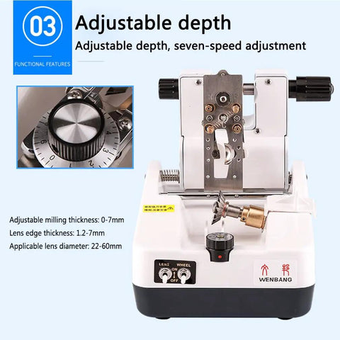 Heavy Duty Electric Lens Thinning Machine For Glasses Cutting And Grinding With Tungsten Steel Milling Cutter Fast Milling Speed For Resin And PC Lenses Zero Hassle Setup Workflow, showing adjustable depth control dial.