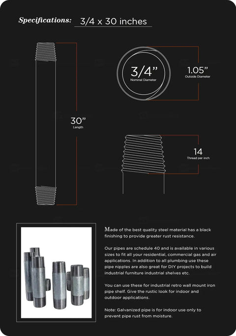 Diagram of Three Quarter Inch Galvanized Steel Pipe Set 30 Inch Length Pack Of Five Ideal For DIY Industrial Vintage Furniture NPT Threaded Indoor Low Pressure Plumbing For Water Oil Gas And Air