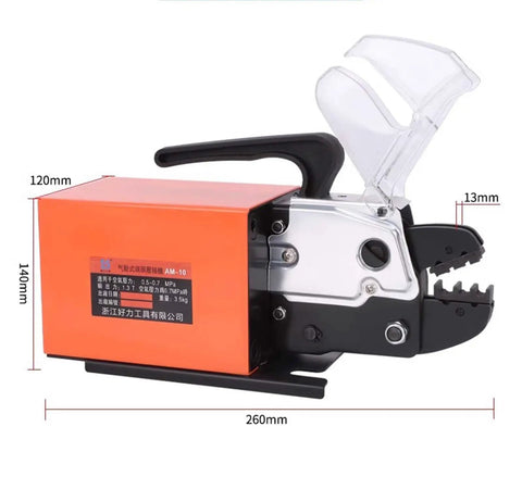 Hardworking Electric Terminal Crimper Machine With 2200N Dynamic Wire Crimping Power Built Like A Tank Using Durable Alloy Steel Construction For Smooth Operation And Comes With 15 Precision Punch And Die Sets, shown from side view.