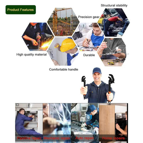 Man holding Self Adjusting Universal Wrench Set 1045 Steel Heavy Duty Workhorse DIY Spanner with images of various repair tasks.