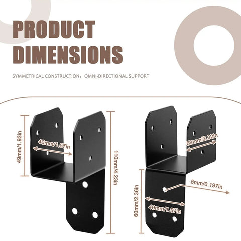 Black steel joist anchor connector dimensions, detailed view of pre-drilled holes and angles for easy installation.