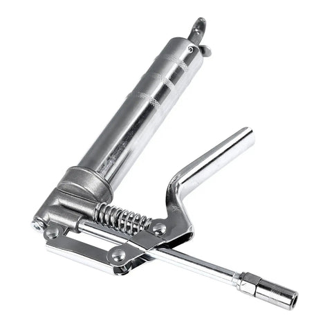 Handheld 120cc Grease Gun For Industrial Maintenance, Chrome Plated Metal Lubrication Tool For Machinery, close-up view