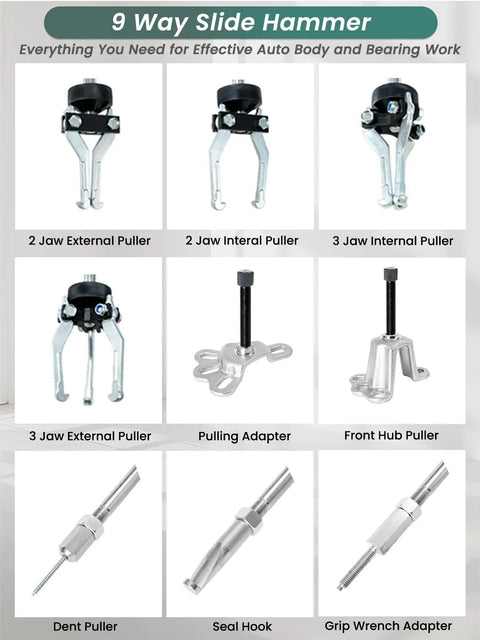 Slide Hammer Puller Set 19 Piece With Front Wheel Hub Bearing Remover And Rear Wheel Axle Hub Dent Shaft Tool Kit parts.