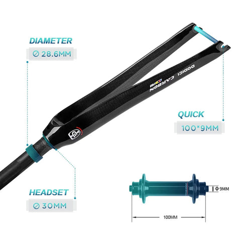 Carbon Fiber Fixed Gear Front Fork For 700C Road Bikes, 1 1/8 Inch Straight Steerer, 9x100mm Quick Release, with dimensions shown.