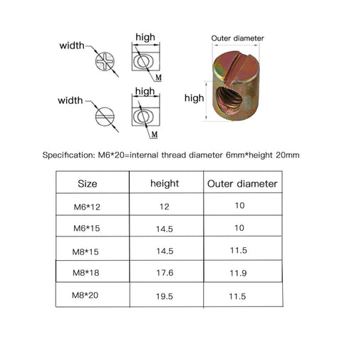 Diagram of Heavy Duty Carbon Steel Cross Dowel Barrel Nuts M6 M8 Set showing dimensions for furniture assembly.