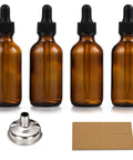 4 Pack 30ml Dark Amber Glass Dropper Bottles With 1 Funnel And 4 Labels visible in the image