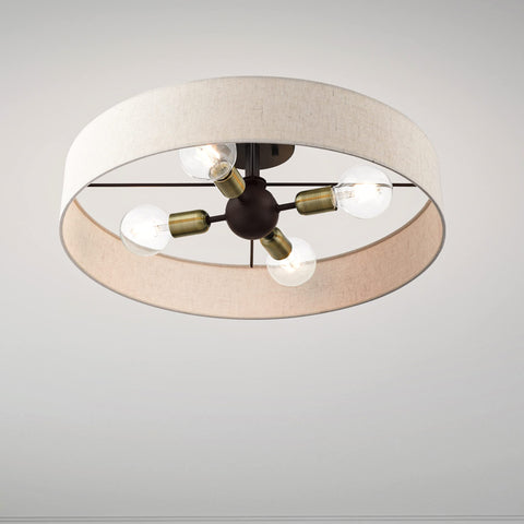 Four Light Bronze Semi Flush Mount With Antique Brass Accents And Oatmeal Fabric Shade A Slick Classic Modern Ceiling Fixture
