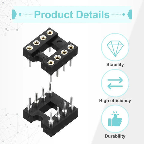 30Pcs DIP IC Socket Adapters Kit, 8-pin, 2.54mm pitch shown with stability, efficiency, durability icons