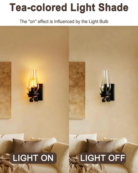 Rustic Farmhouse Wall Sconce Lighting With Vintage Kerosene Lamp Shape, tea-colored shade on and off in living room.