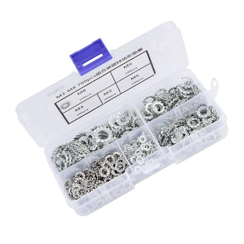 700 Piece Galvanized Toothed Washer Set Including Flat And Lock Washers M3 To M8 Assortment Kit with sturdy plastic case