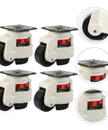 Real Deal Heavy Duty Swivel Caster Wheels Set With Adjustable Leveling Feet, four heavy-duty nylon wheels with steel frames.