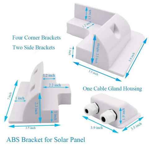 Diagram of Drill Free Solar Panel Mounting Brackets Kit 7 Piece ABS Corner Brackets for roofs on RVs with dimensions