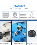 Close-up of Badass 5500W 220V Water Cooled Spindle For CNC Router features, stainless body, copper faucet, waterproof design.